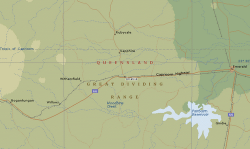 Map Showing Central Highlands of Queensland ,Rubyvale,Anakie,Sapphire and Capricon Highway