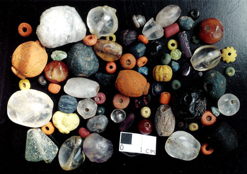 Various types of beads found at several archaeological sites