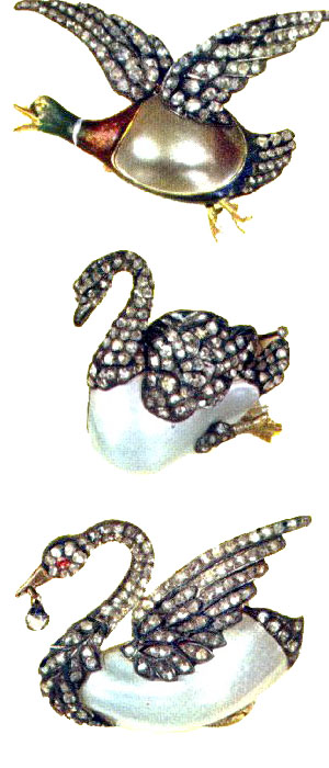 Pearl and Enamel Swan Brooches in the Swimming and Flying Postures