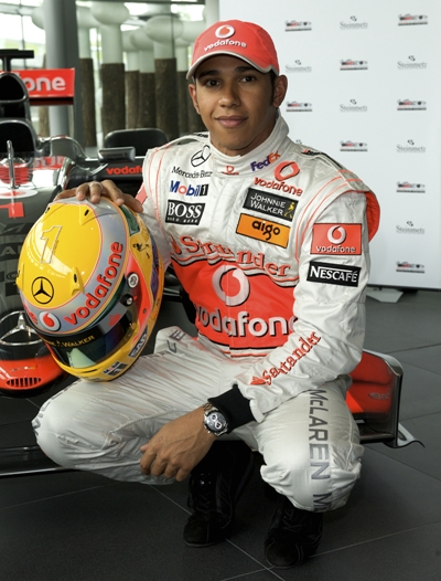 Lewis Hamilton Holding His Steinmetz Diamond Studded Helmet for the Grand Prix 2009