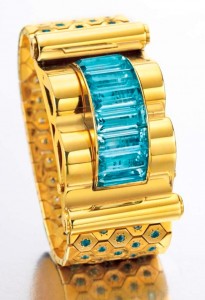 Lot  124 - A Retro Aquamarine and Gold Ludo Hexagone Bracelet Watch by Van Cleef & Arpels