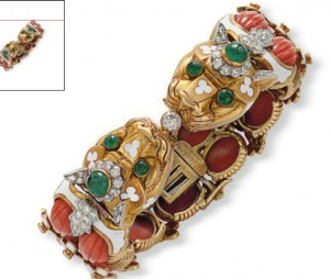 Lot 290 - A Coral, Diamond, Emerald and Enamel Bracelet by David Webb