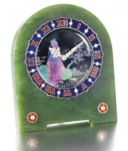Lot 449 - Nephrite, enamel, mother-of-pearl,  and diamond clock  by Cartier designed in 1925