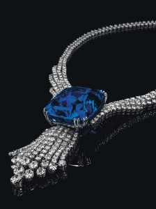 Blue Belle of Asia with a diamond tassel pendant suspended from it in a diamond necklace