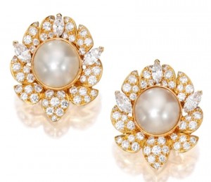 Lot 134 - A Pair of 18k-Gold, Natural Pearl And Diamond Ear Clips designed by Van Cleef & Arpels 