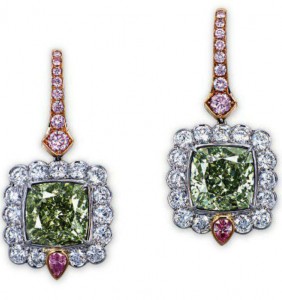 Lot 2100 - A Rare Pair of Colored Diamond and Diamond Ear Pendants