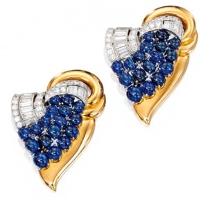 Lot 381 -  A  Pair of 18k-Gold, Platinum, Diamond and Sapphire Clip Brooches