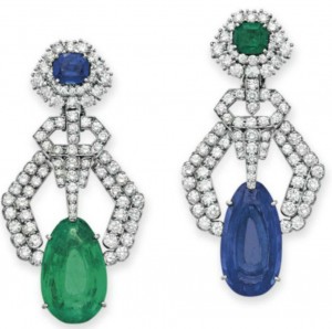 Lot 109 - Pair of Emerald, Sapphire and Diamond Ear-Pendants by David Webb