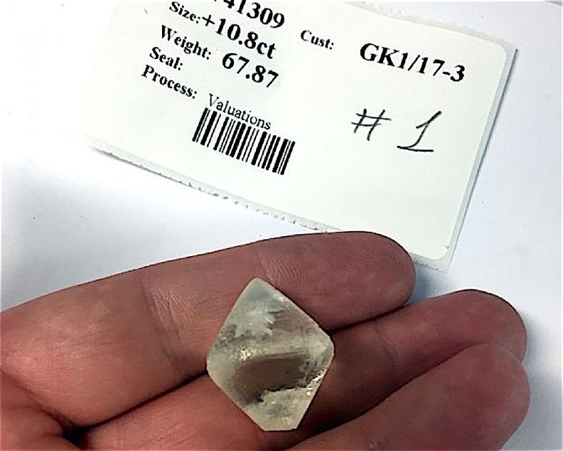 67.87-carat gem-quality octahedron diamond recovered at Gahcho Kué Mine in February 2017, during production ramp up