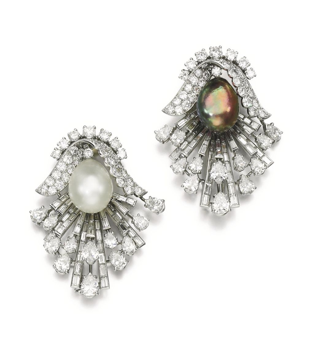 Lot 152 - Pair of Natural Pearl and Diamond Brooches