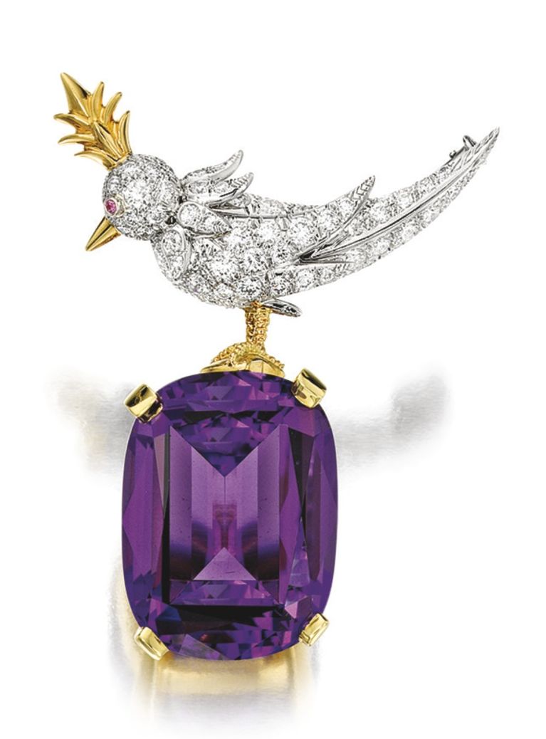Lot 1606 - Amethyst and Diamond 'Bird on a Rock' Brooch, by Schlumberger for Tiffany & Co.