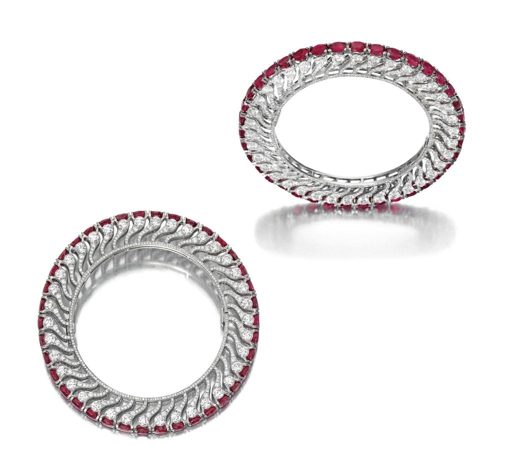 Lot 1707 - Unique Pair of Ruby and Diamond Bangles, BHAGAT