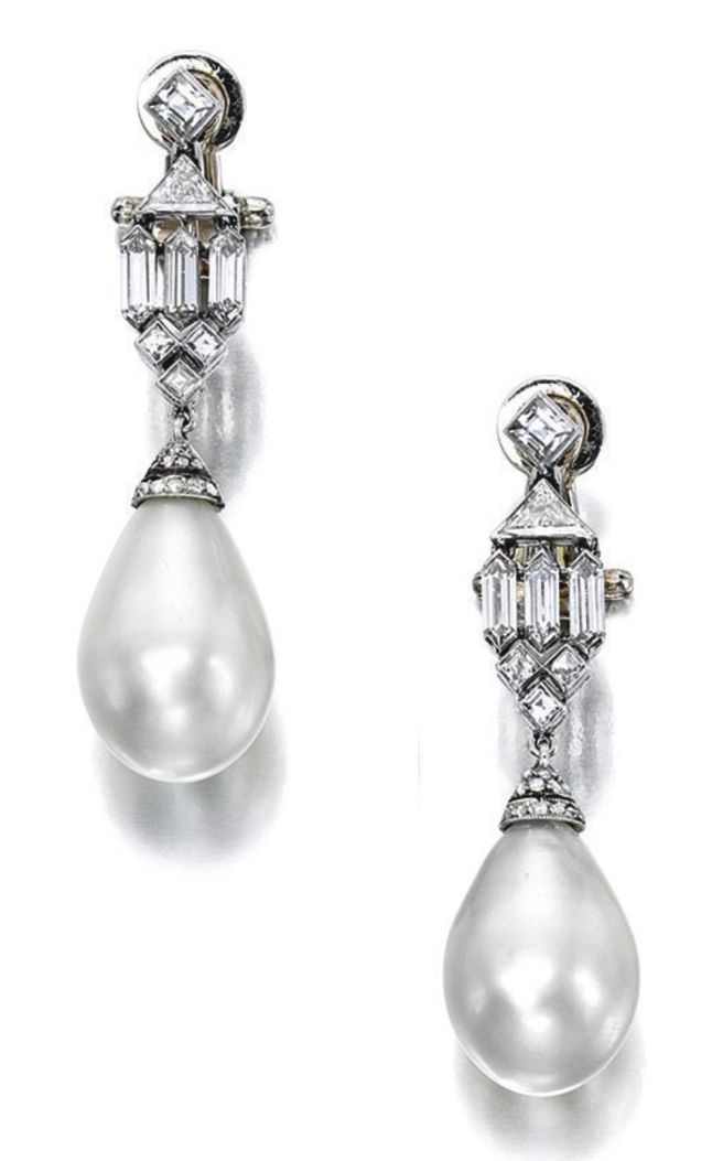Lot 1794 - Pair of Natural Pearl and Diamond Pendent Ear Clips