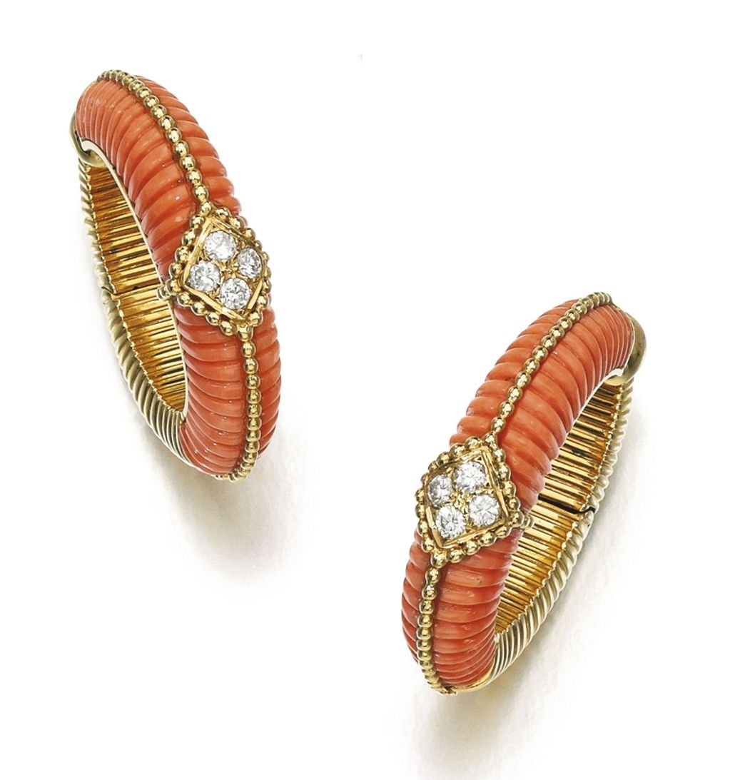 Lot 204 - Pair of Coral and Diamond Earrings, Van Cleef & Arpels, 1970s 