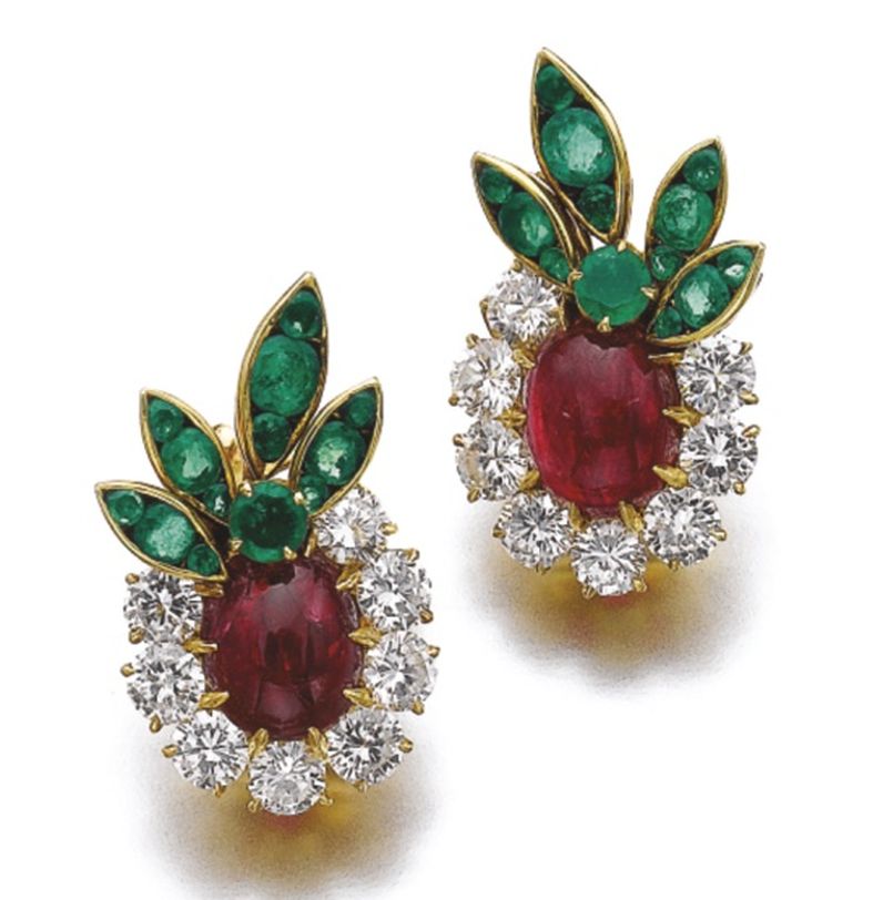 Lot 244 - Matching Pair of Ruby, Emerald and Diamond Ear-clips