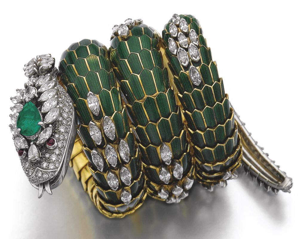 Lot 368 - Emerald, Enamel and Diamond Bracelet-Watch, 'Dragon', Bulgari, 1960s