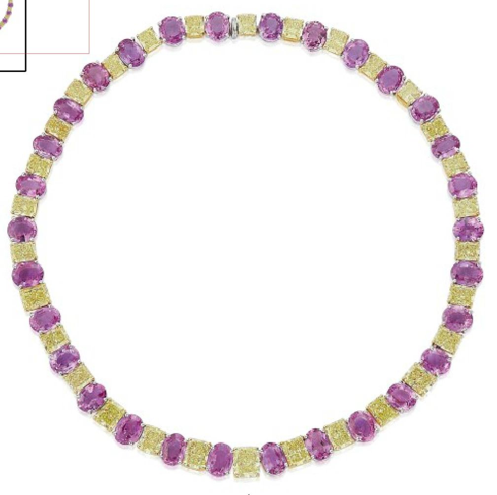 Lot 176 - A COLOURED DIAMOND AND COLOURED SAPPHIRE RIVIÈRE NECKLACE AND EARRING SUITE, BY GRAFF