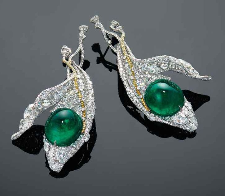 LOT 1939 - ANOTHER VIEW OF A CHARMING PAIR OF EMERALD, DIAMOND AND COLOURED DIAMOND 'SNOW PEAS' EAR PENDANTS, BY CINDY CHAO