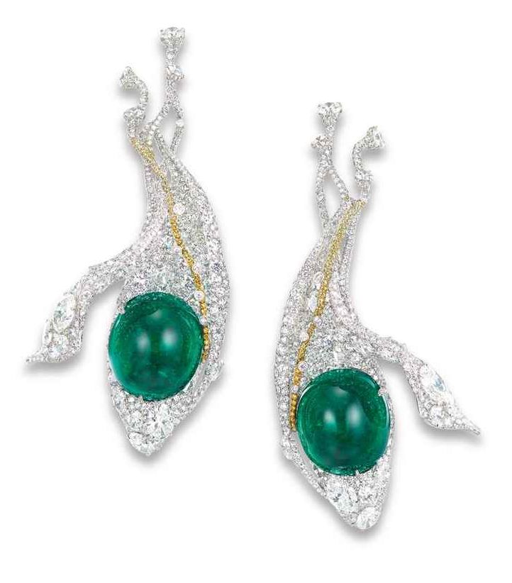 LOT 1939 - A CHARMING PAIR OF EMERALD, DIAMOND AND COLOURED DIAMOND 'SNOW PEAS' EAR PENDANTS, BY CINDY CHAO