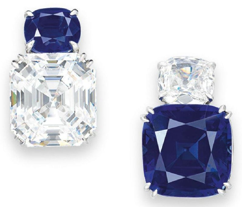 Lot 2053 - A UNIQUE PAIR OF SAPPHIRE AND DIAMOND EARRINGS