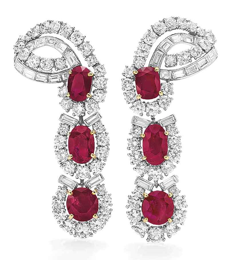 LOT 263 - A PAIR OF RUBY AND DIAMOND EARRINGS, BY CARTIER
