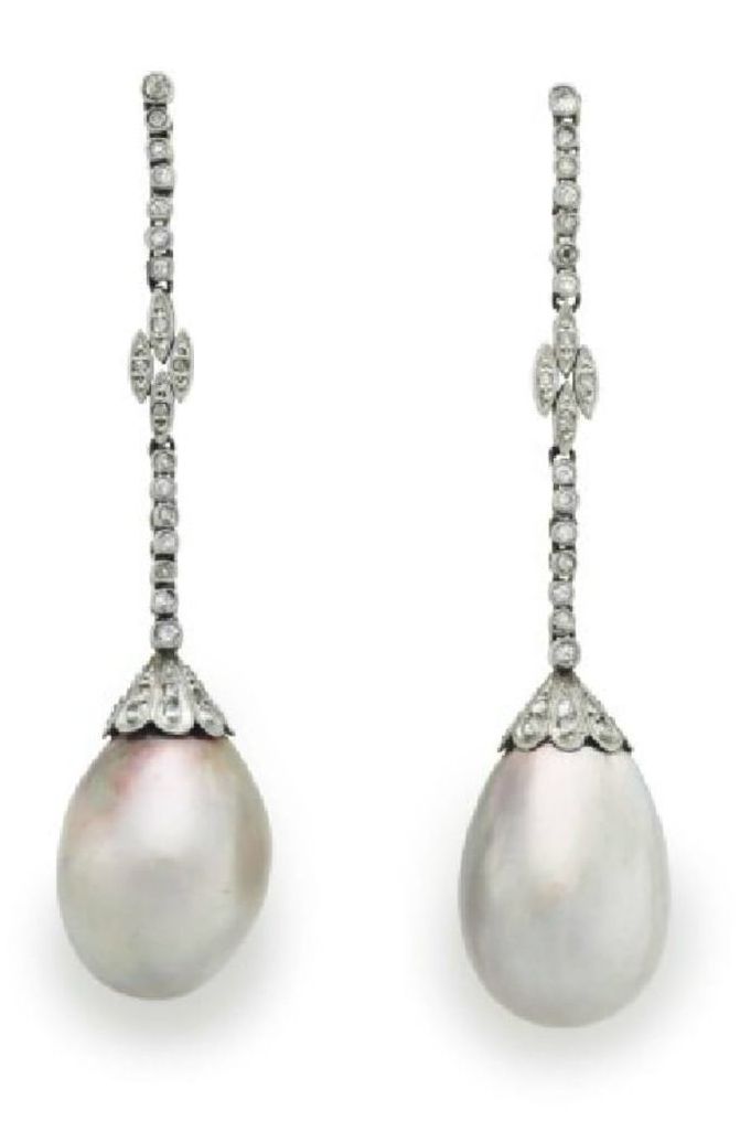 LOT 190 -A PAIR OF NATURAL PEARL AND DIAMOND EAR PENDANTS