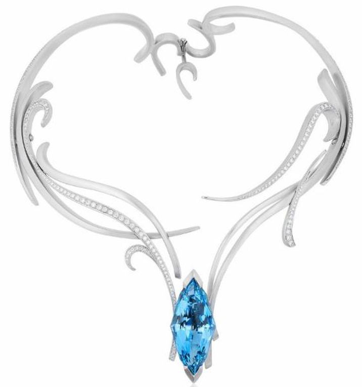 BEST USE OF PLATINUM AND COLOR - PLATINUM DANCING WAVES NECK COLLAR FEATURING 57.O CT. AQUAMARINE ACCENTED WITH DIAMONDS