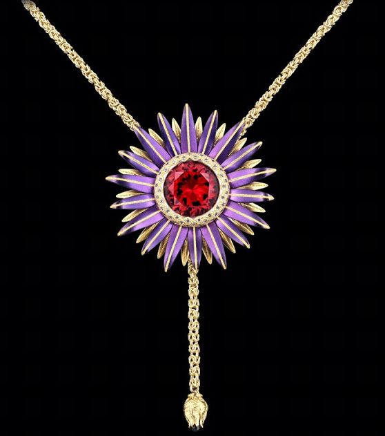 EVENING WEAR HONORABLE MENTION, ZOLTAN DAVID 24K YELLOW GOLD, PALLADIUM, PURPLE STEEL AND 18K YELLOW GOLD STAR FLOWER NECKLACE