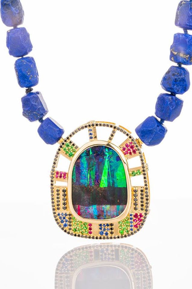 BUSINESS/DAY WEAR 2ND PLACE, LLYN STRONG, LAPIS LAZULI NECKLACE FEATURING 30.90 CT. BOULDER OPAL ACCENTED WITH BLACK DIAMONDS, TSAVORITE GARNETS, RUBIES AND SAPPHIRES 