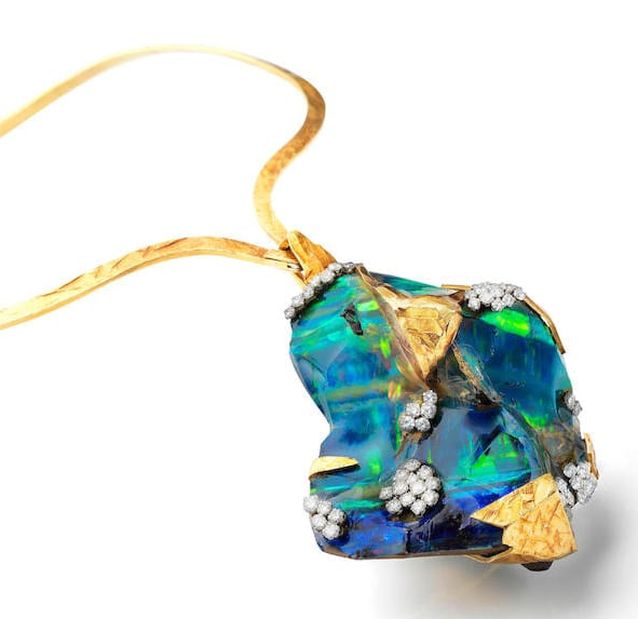 LOT 36 - A GOLD, BOULDER OPAL AND DIAMOND PENDANT/NECKLACE, by Grima, 1972