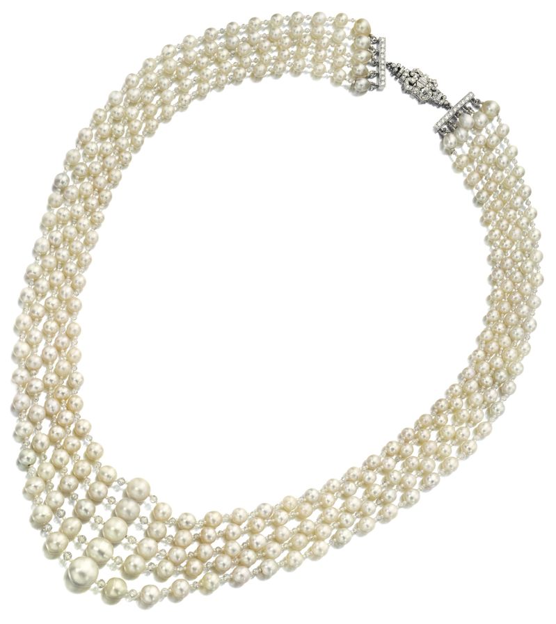 LOT 1855 - NATURAL PEARL AND DIAMOND NECKLACE
