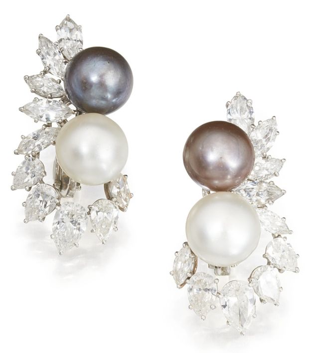 LOT 69 - PAIR OF NATURAL PEARL AND DIAMOND EARCLIPS, HARRY WINSTON