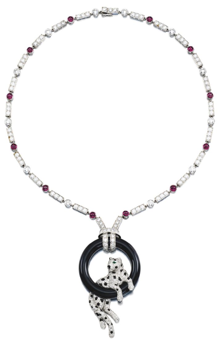 LOT 9210 - DIAMOND, ONYX, RUBY AND EMERALD PENDENT NECKLACE, 'PANTHÈRE', CARTIER 