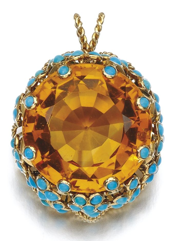 LOT 185 – CITRINE AND TURQUOISE PENDANT, CARTIER, CIRCA 1950