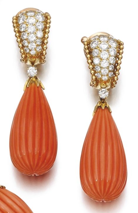 LOT 231- RED CORAL AND DIAMOND PENDANT EARRINGS