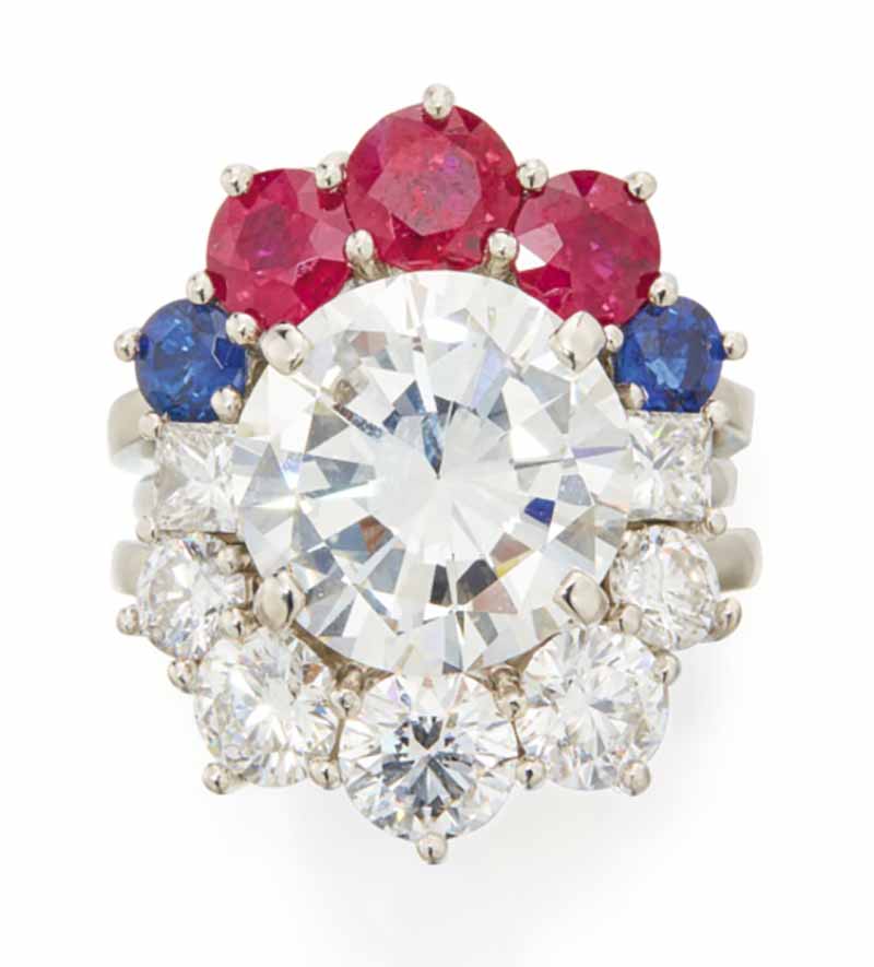LOT 617 - DIAMOND, RUBY AND SAPPHIRE RING