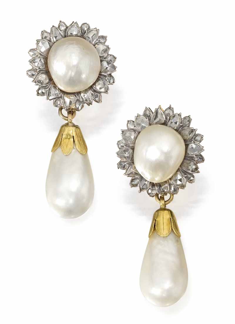 LOT 77 - PAIR OF NATURAL PEARL AND DIAMOND EARCLIPS/EAR PENDANTS 