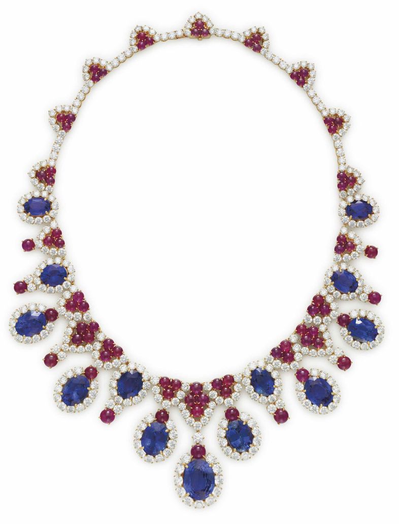 LOT 84 - A SAPPHIRE, RUBY AND DIAMOND FRINGE NECKLACE, BY BULGARI