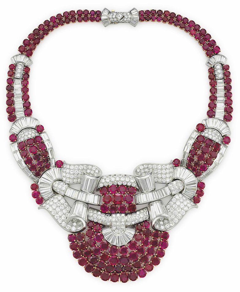 LOT 98 - A RUBY, SYNTHETIC RUBY AND DIAMOND NECKLACE