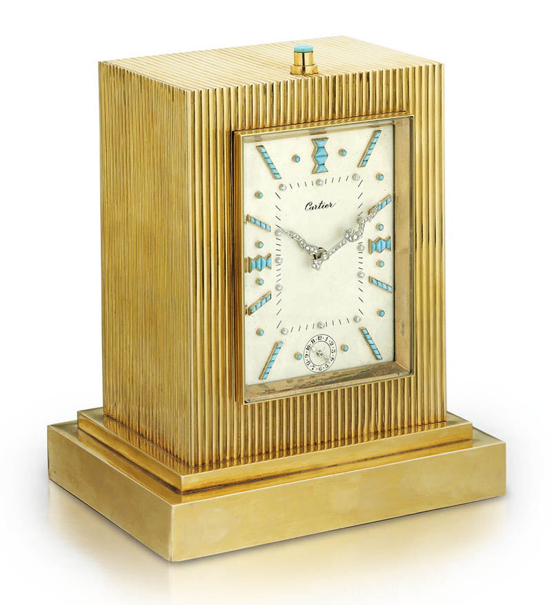 LOT 381 - GOLD, TURQUOISE AND DIAMOND GRANDE AND PETITE REPEATING DESK CLOCK WITH ALARM, CARTIER