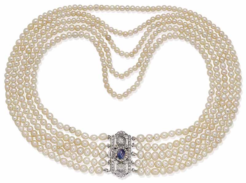LOT 122 – NATURAL PEARL, SAPPHIRE AND DIAMOND NECKLACE 