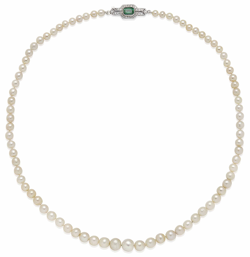 LOT 126 – NATURAL PEARL, EMERALD AND DIAMOND NECKLACE 