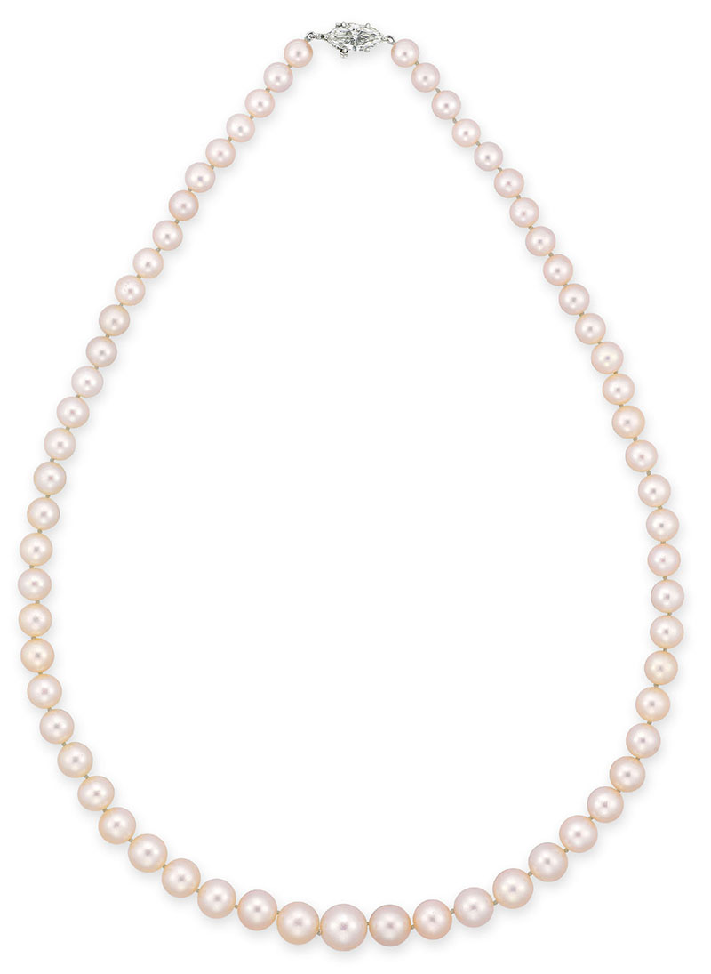 LOT 2019 - A SUPERB SINGLE-STRAND NATURAL PEARL AND DIAMOND NECKLACE