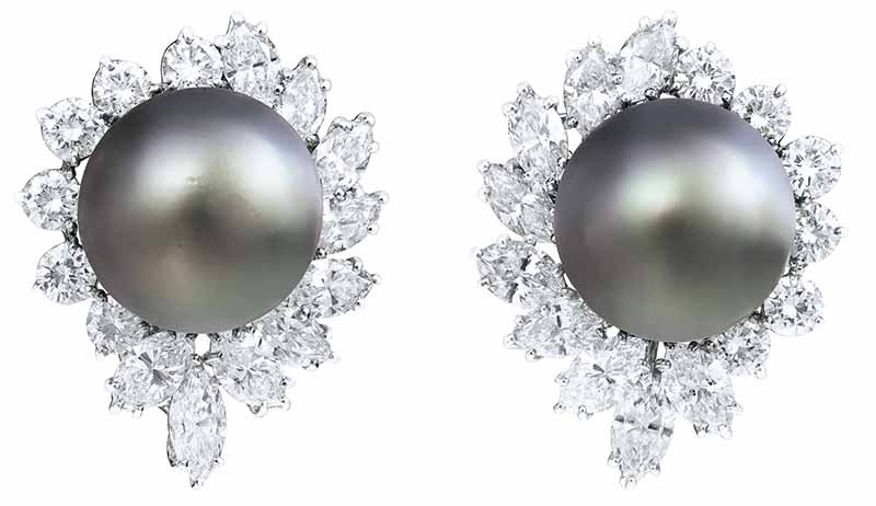 LOT 21 - COLOURED CULTURED PEARL AND DIAMOND EARRINGS, CARTIER 