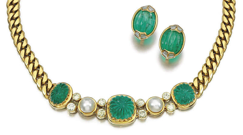 LOT 269 - EMERALD, DIAMOND AND CULTURED PEARL NECKLACE AND A PAIR OF EARRINGS, BULGARI