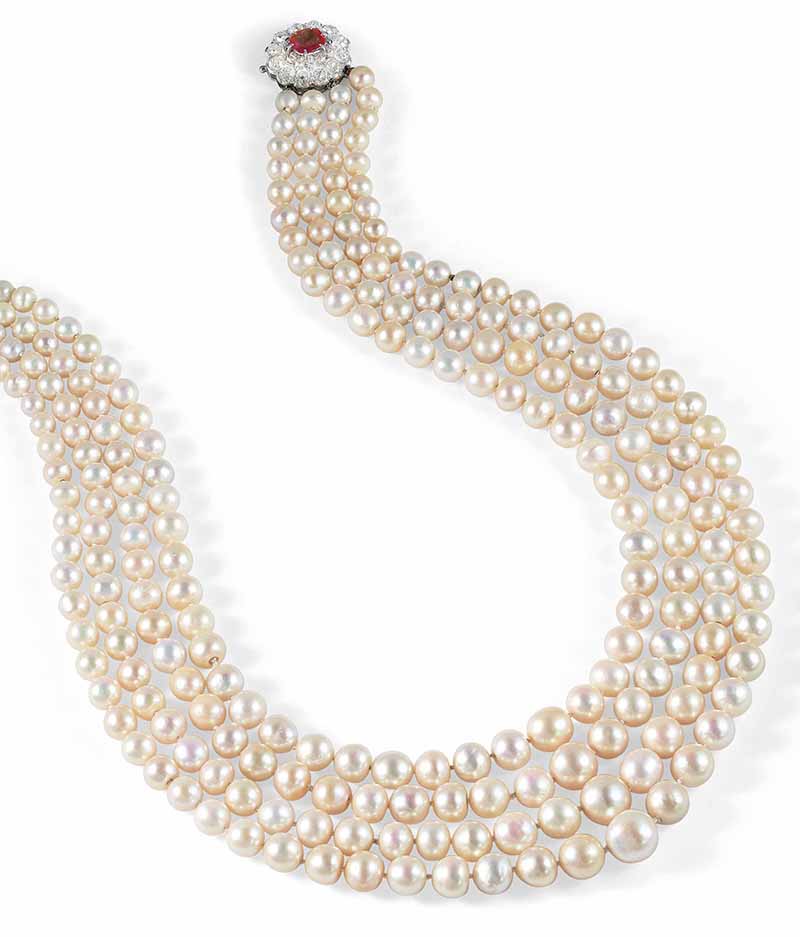 LOT 319 - NATURAL PEARL, CULTURED PEARL AND RUBY AND DIAMOND NECKLACE 