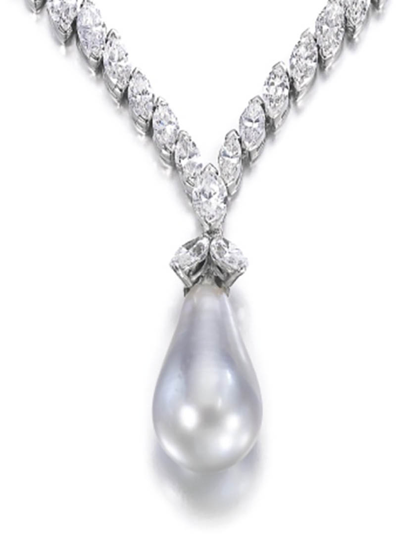 LOT 334 - FINE NATURAL PEARL AND DIAMOND NECKLACE - PENDANT ENLARGED