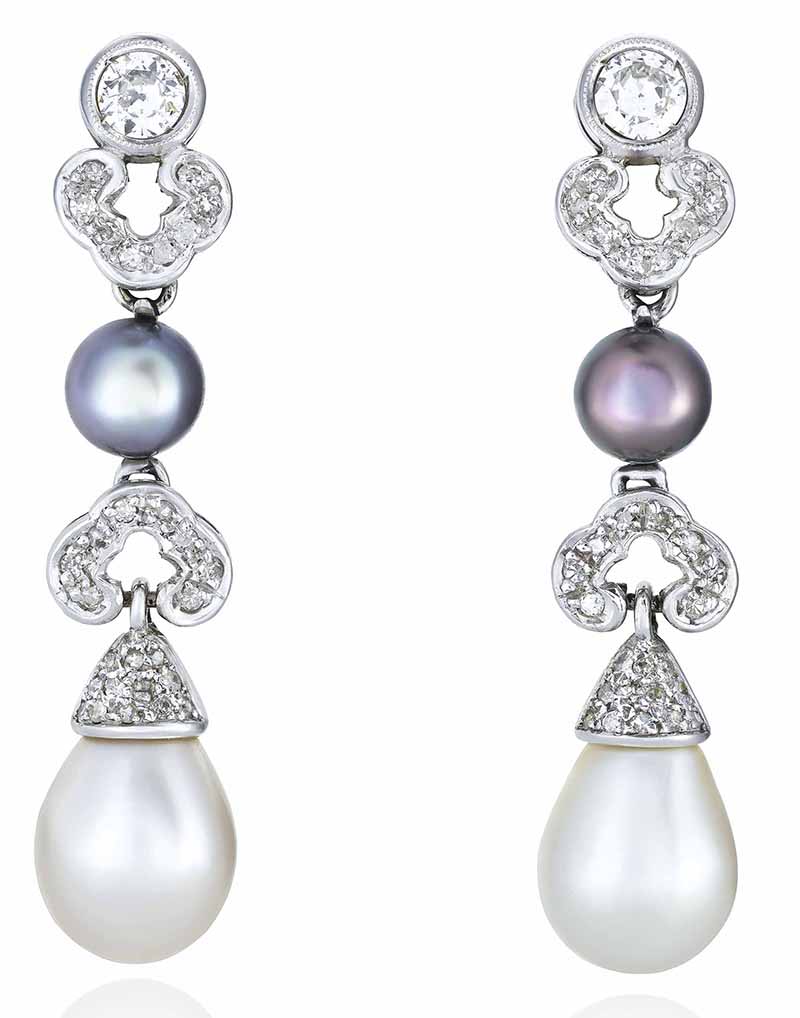 LOT 338 - COLOURED NATURAL PEARL, NATURAL PEARL AND DIAMOND EARRINGS 