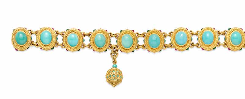 LOT 405 - A TURQUOISE, EMERALD, RUBY AND 18K GOLD BRACELET, D.K. Maltin 