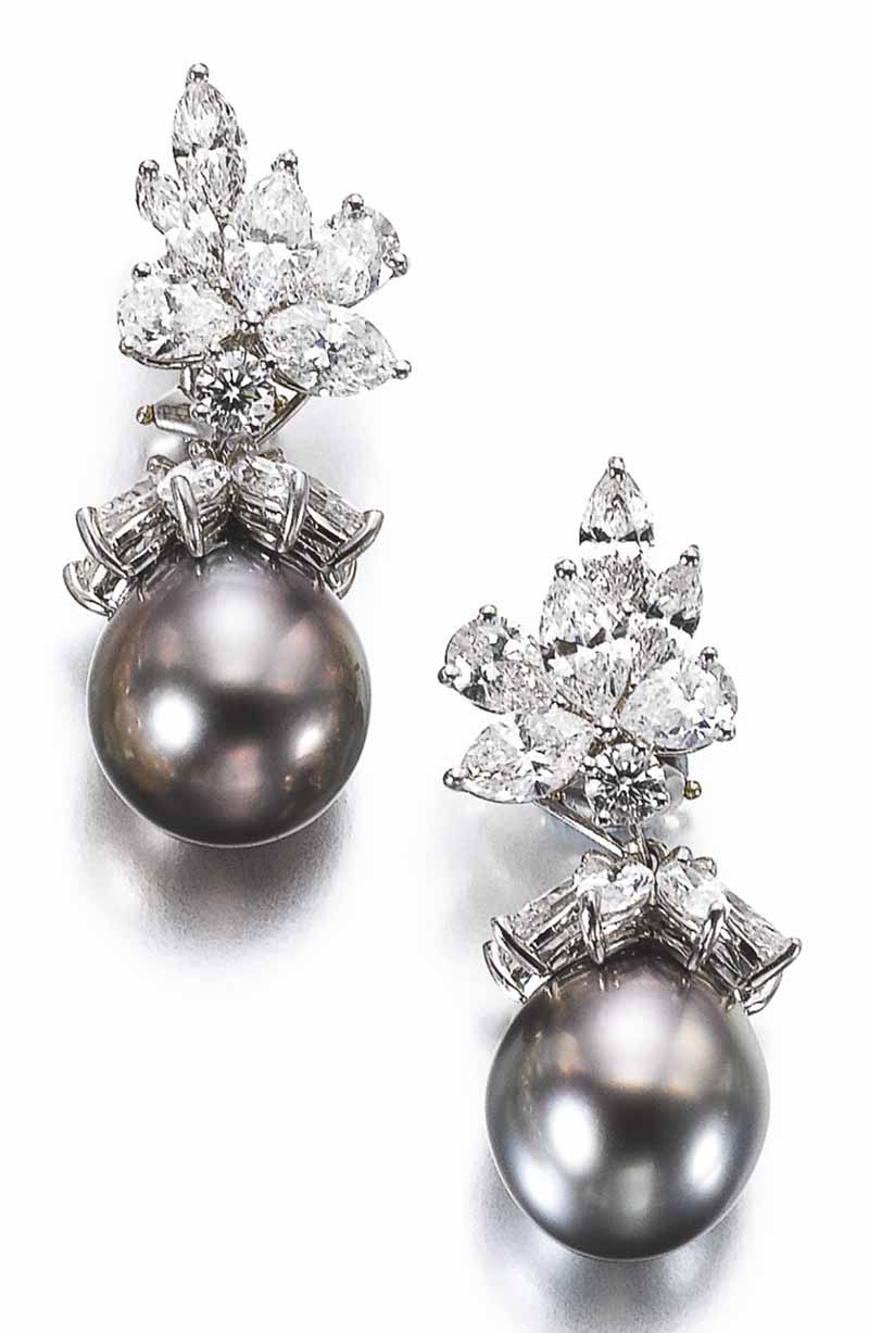 LOT 593 - PAIR OF CULTURED PEARL AND DIAMOND EARRINGS, TIFFANY & CO. 